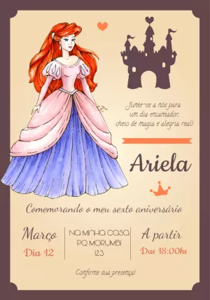 Convite de Aniversário Pequena Sereia Ariel para Editar
