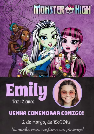 Convite Aniversário Monster High com Foto para Editar Online