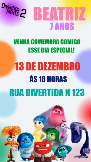 Convite Aniversário Divertida Mente 2 com Personagens para Editar