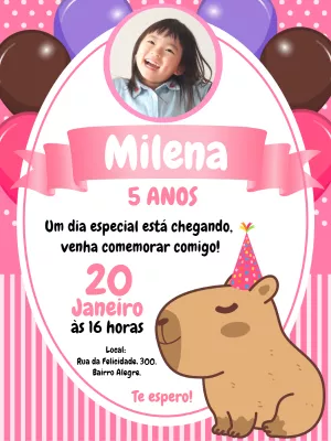 Convite de Aniversário Capivara Rosa com Foto para Editar