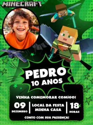 Convite de Aniversário Minecraft com Foto para Editar Online