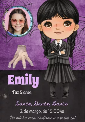 Convite Aniversário Wandinha com Foto para Editar Online