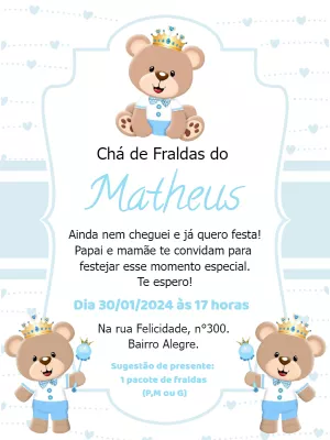 Convite Chá de Fraldas Ursinho Príncipe para Editar Online