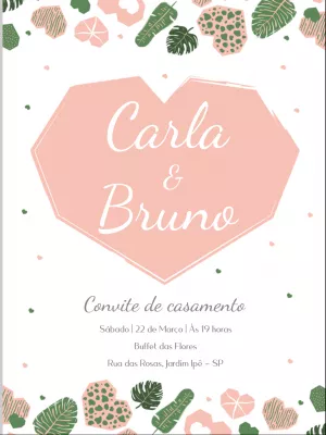 Convite de Casamento Romântico com Folhas Tropicais Editável