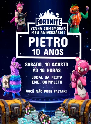 Convite de Aniversário Fortnite com Personagens para Editar