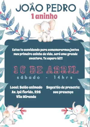 Convite Aniversário Elefantinho Fofo para Editar Online