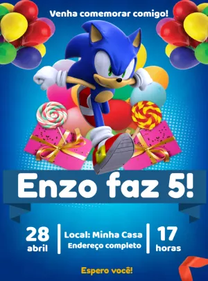 Convite de Aniversário Sonic para Editar Online e Imprimir