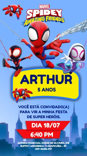 Convite Aniversário Spidey e seus Amigos para Editar Online