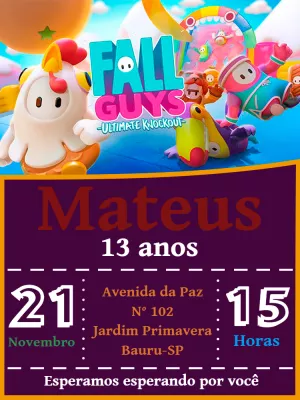 Convite de Aniversário Fall Guys com Personagens para Editar