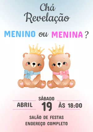 Convite Chá Revelação Ursinhos Realeza para Editar Online