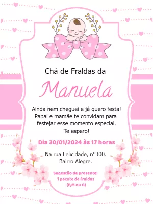 Convite Chá de Fraldas Menina com Laço Rosa para Editar