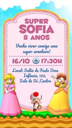 Convite Aniversário Super Princesas Peach e Daisy para Editar