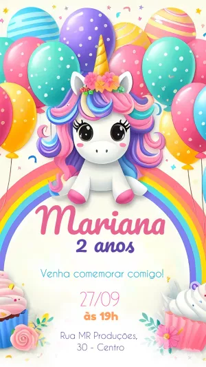 Convite de Aniversário Unicórnio Fofo para Editar Online