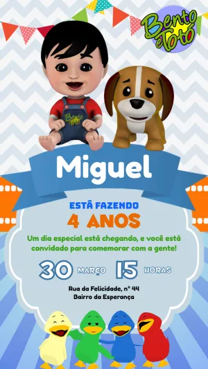 Convite de Aniversário Bento e Totó para Editar Online