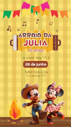 Convite Festa Junina Mickey e Minnie para Editar Online