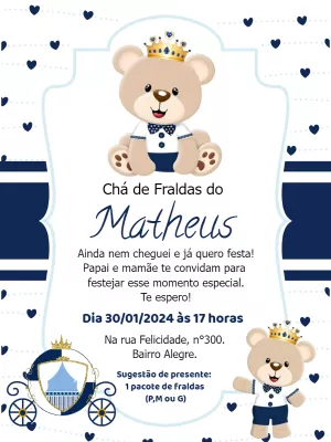 Convite Chá de Fraldas Ursinho Príncipe para Editar Online