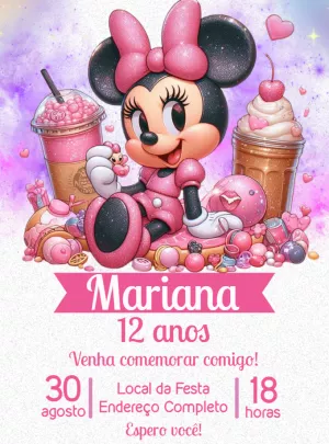 Convite de Aniversário Minnie Rosa para Editar Online