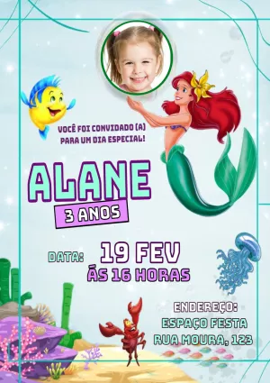 Convite Aniversário Pequena Sereia com Foto para Editar Online