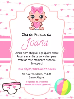 Convite Chá de Fraldas Menina com Bebê Fofa para Editar