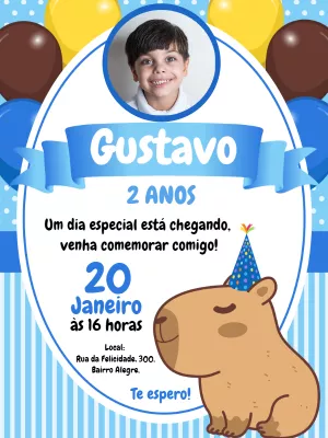 Convite Aniversário Capivara Azul com Foto para Editar Online