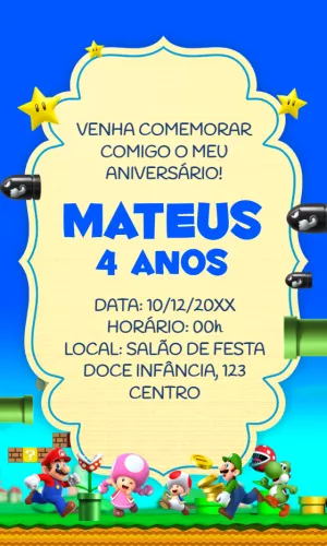 Convite Aniversário Super Mario Bros com Personagens para Editar