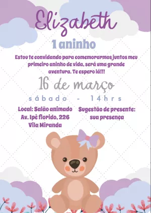 Convite Aniversário Ursinha Fofa para Editar Online