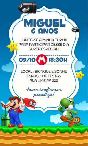 Convite de Aniversário Mario Bros e Yoshi para Editar Online
