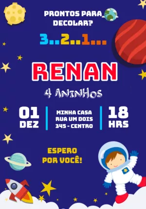 Convite de Aniversário Astronauta para Editar Online