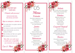 Menu de Casamento Floral Vermelho Tri-fold para Editar