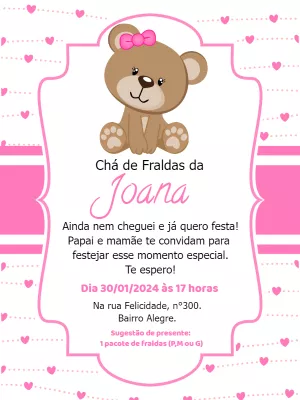 Convite Chá de Fraldas Ursinha Rosa para Editar Online