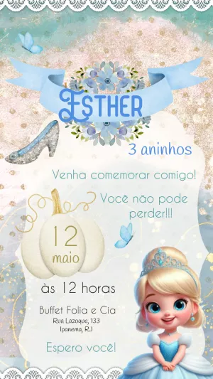 Convite Aniversário Cinderela Princesa para Editar Online