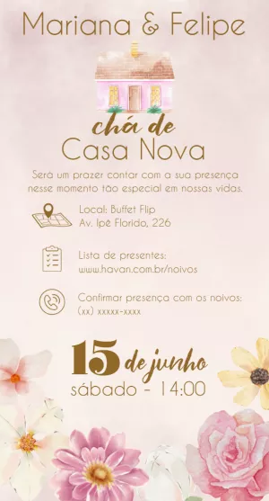 Convite Chá de Casa Nova Aquarela Floral para Editar Online