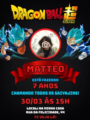 Convite de Aniversário Dragon Ball Super com Foto para Editar