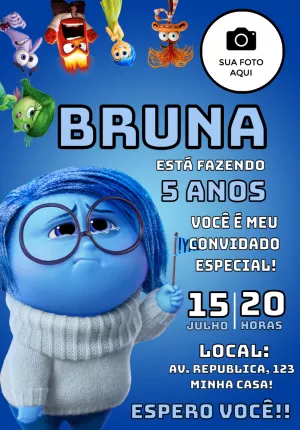 Convite Aniversário Divertida Mente com Foto para Editar Online