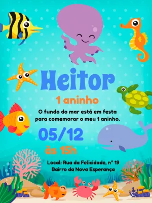 Convite de Aniversário Fundo do Mar com Animais para Editar