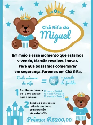 Convite Chá Rifa Ursinho Príncipe Azul para Editar Online