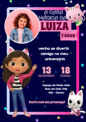 Convite Aniversário Casa Mágica da Gabby com Foto para Editar