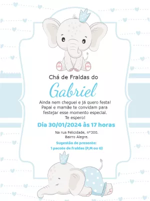 Convite Chá de Fraldas Elefantinho Azul para Editar Online