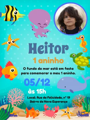 Convite Aniversário Fundo do Mar com Foto para Editar Online
