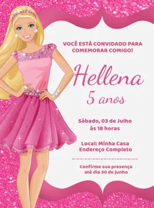 Convite de Aniversário Barbie com Glitter para Editar Online