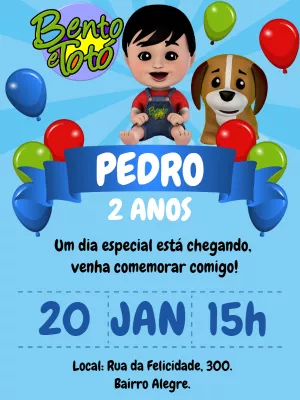 Convite de Aniversário Bento e Totó para Editar Online