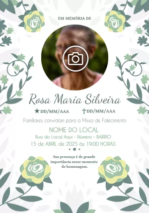 Convite Missa de Falecimento Floral com Foto para Editar Online