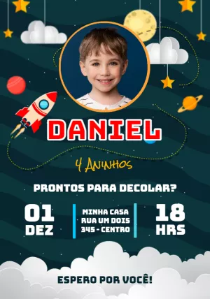 Convite de Aniversário Astronauta com Foto para Editar Online