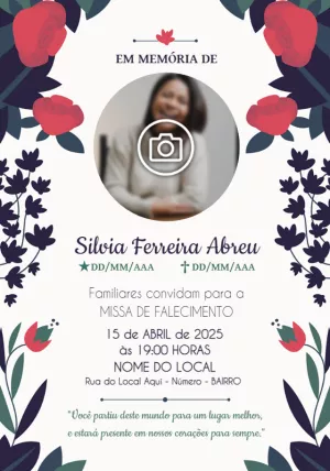 Convite Missa de Falecimento Floral com Foto para Editar