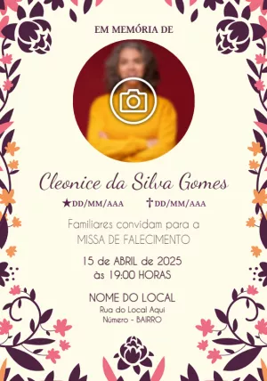 Convite Missa de Falecimento Floral com Foto para Editar Online