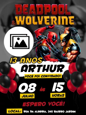 Convite Aniversário Deadpool e Wolverine com Foto para Editar