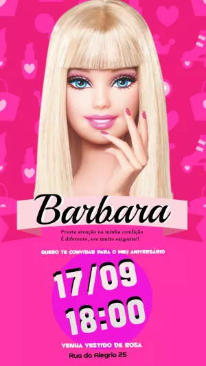 Convite Aniversário Barbie Rosa para Editar Online e Imprimir