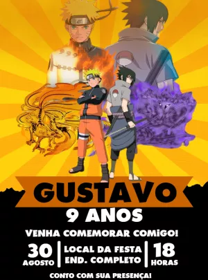 Convite de Aniversário Naruto e Sasuke para Editar Online