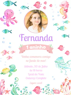 Convite Aniversário Fundo do Mar com Foto para Editar Online