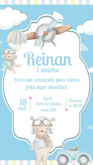 Convite Aniversário Ursinho Aviador para Editar Online
